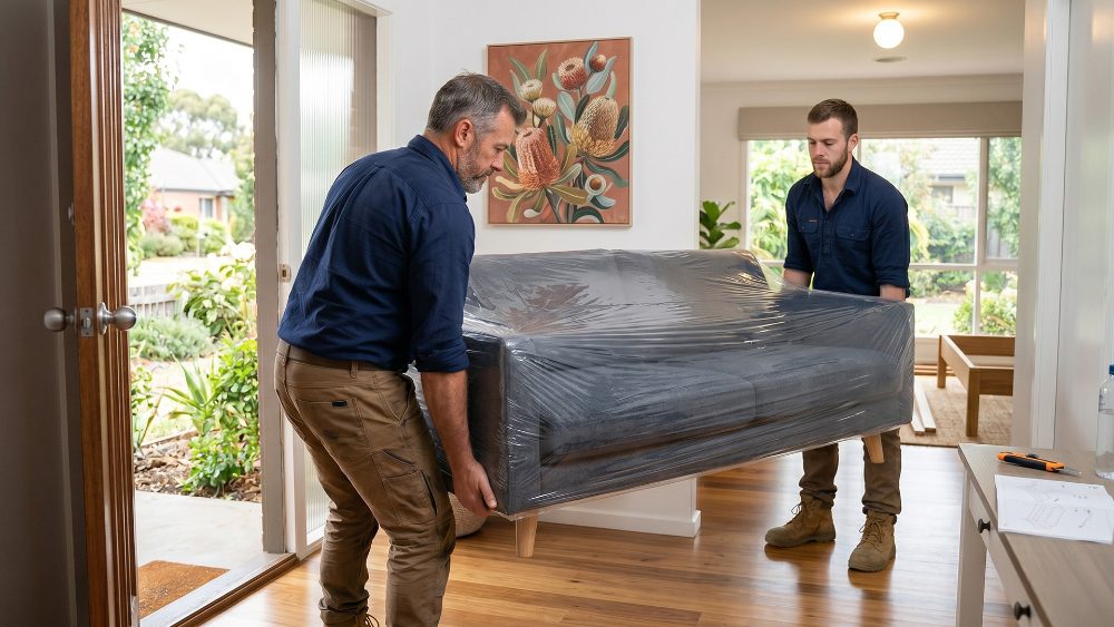 Two crew carrying a wrapped sofa into a customer's lounge