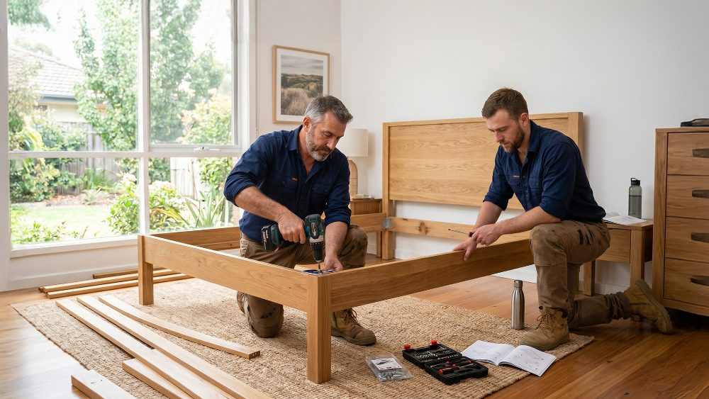 Crew assembling a timber bed frame on site