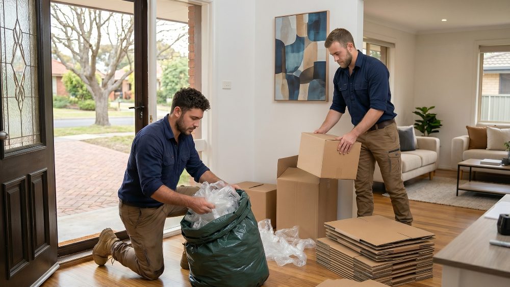 Crew removing packaging and flattening cartons after delivery