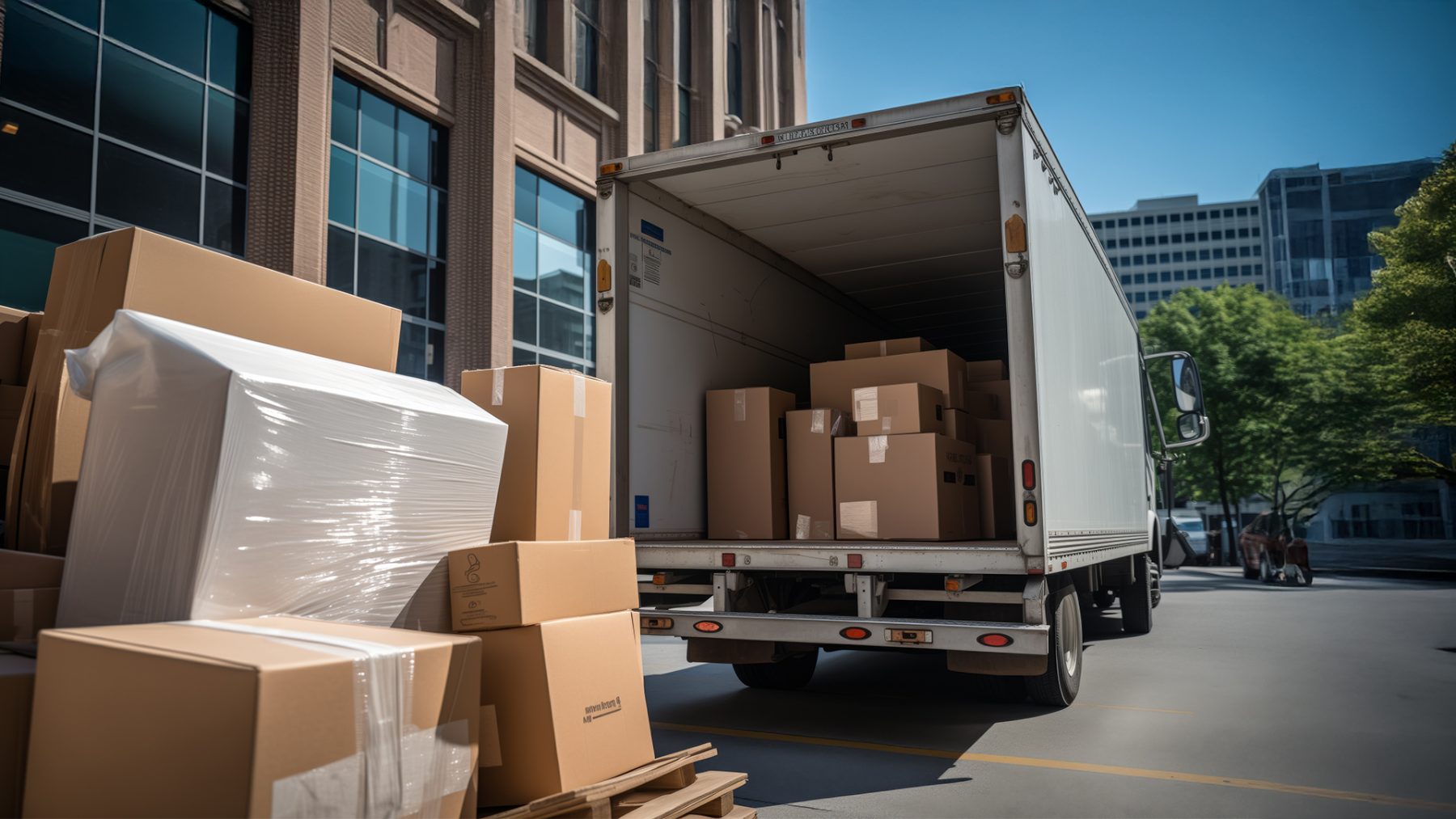 Removal truck being loaded with packed and wrapped furniture