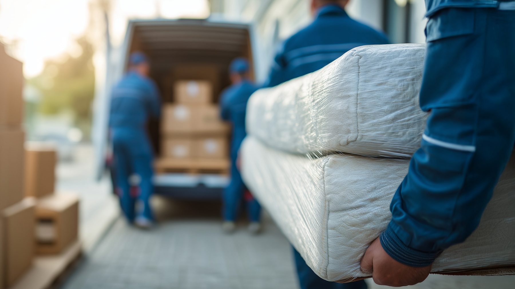 Crew loading wrapped furniture into the truck with care