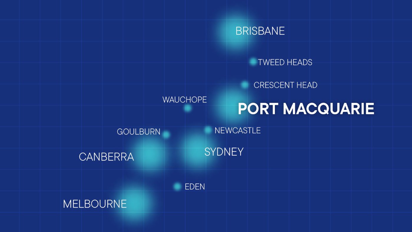 Service area map showing Port Macquarie and routes to Brisbane, Tweed Heads, Crescent Head, Wauchope, Newcastle, Sydney, Goulburn, Canberra and Melbourne