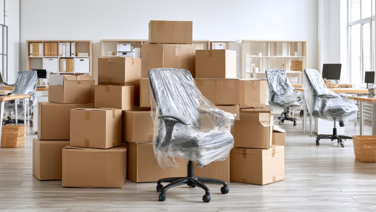 Office packed and wrapped ready for moving day