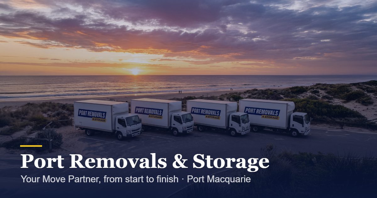 The Port Removals & Storage truck fleet at sunset